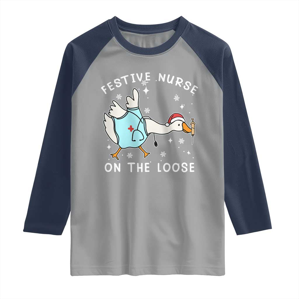 Funny ER Nurse Goose Christmas Raglan Shirt Festive Nurses On The Loose - Wonder Print Shop