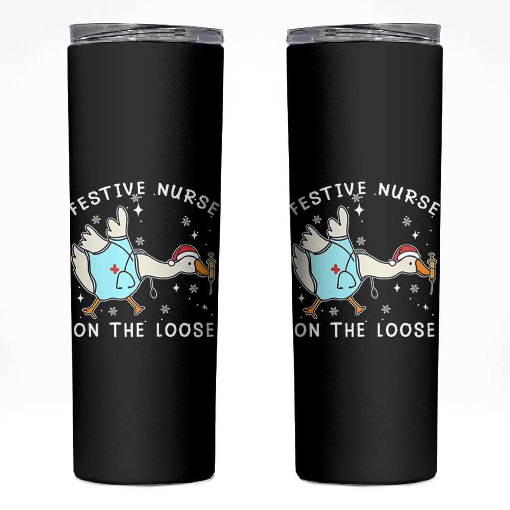 Funny ER Nurse Goose Christmas Skinny Tumbler Festive Nurses On The Loose - Wonder Print Shop