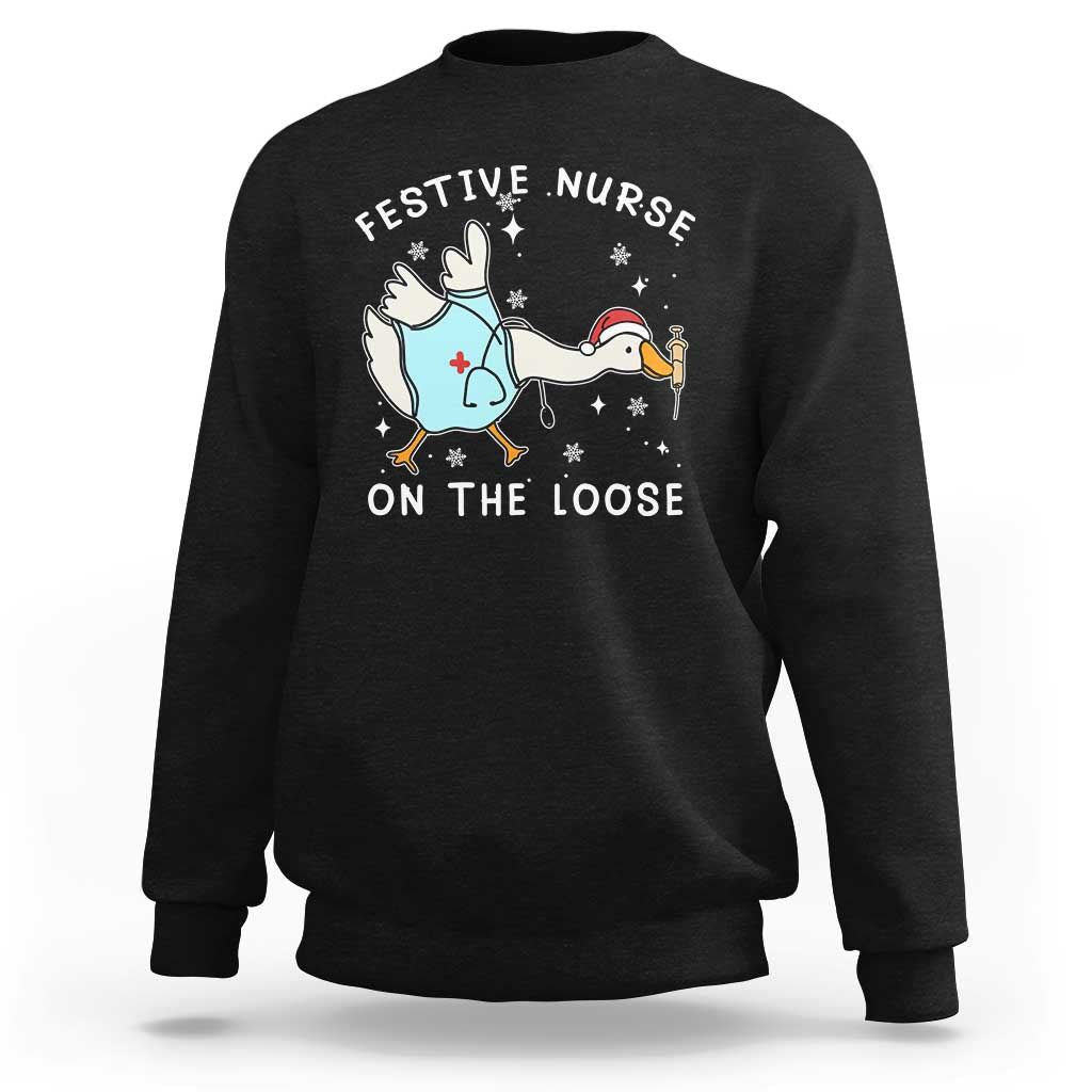 Funny ER Nurse Goose Christmas Sweatshirt Festive Nurses On The Loose - Wonder Print Shop