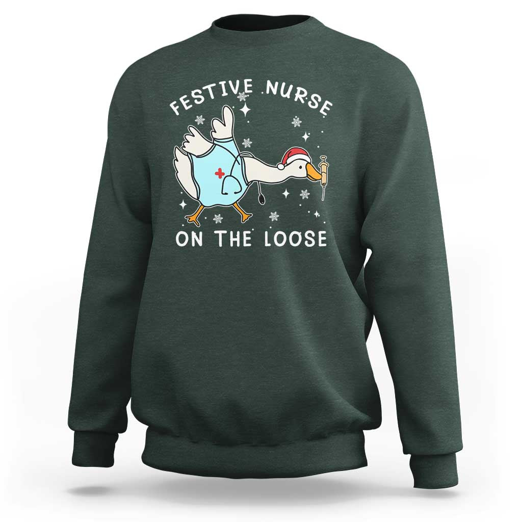 Funny ER Nurse Goose Christmas Sweatshirt Festive Nurses On The Loose - Wonder Print Shop