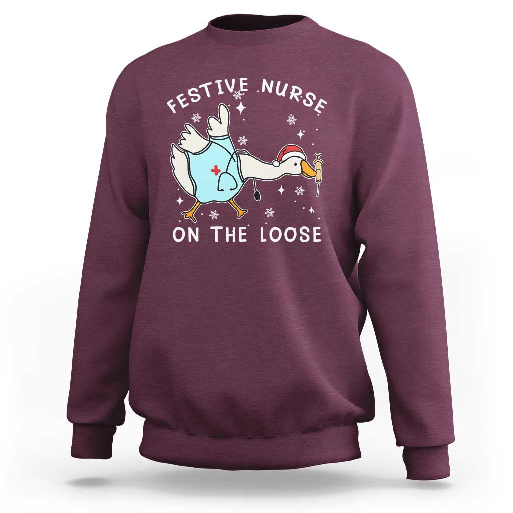 Funny ER Nurse Goose Christmas Sweatshirt Festive Nurses On The Loose - Wonder Print Shop