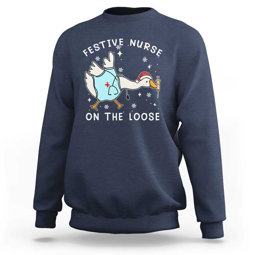 Funny ER Nurse Goose Christmas Sweatshirt Festive Nurses On The Loose - Wonder Print Shop