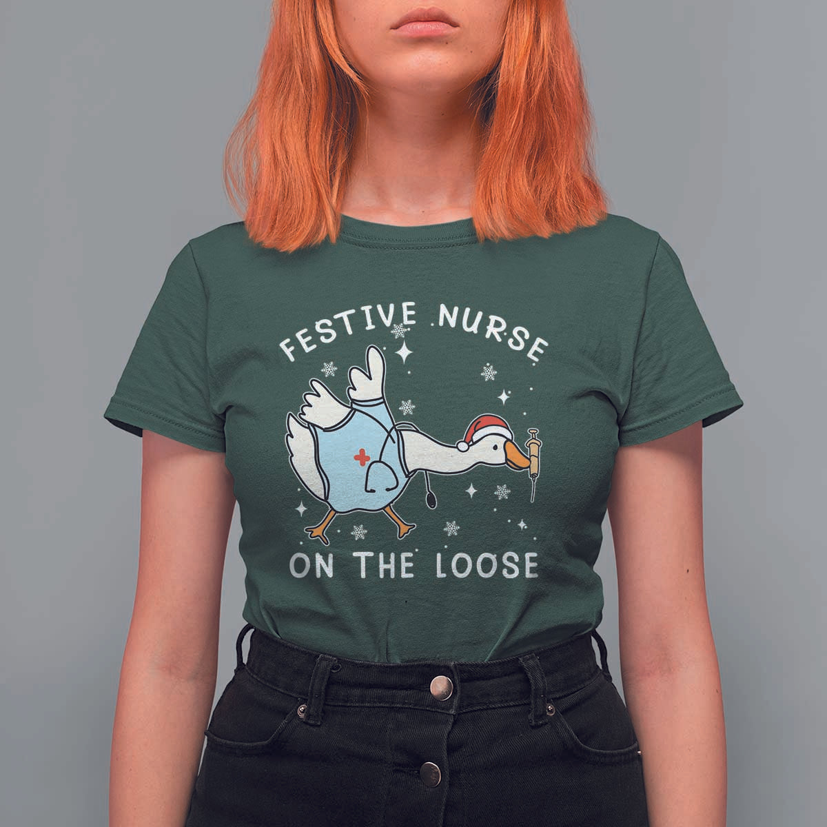 Funny ER Nurse Goose Christmas T Shirt For Women Festive Nurses On The Loose - Wonder Print Shop