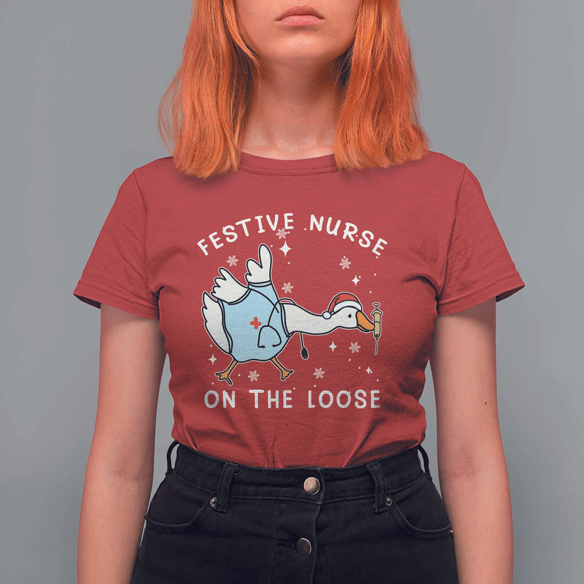 Funny ER Nurse Goose Christmas T Shirt For Women Festive Nurses On The Loose - Wonder Print Shop