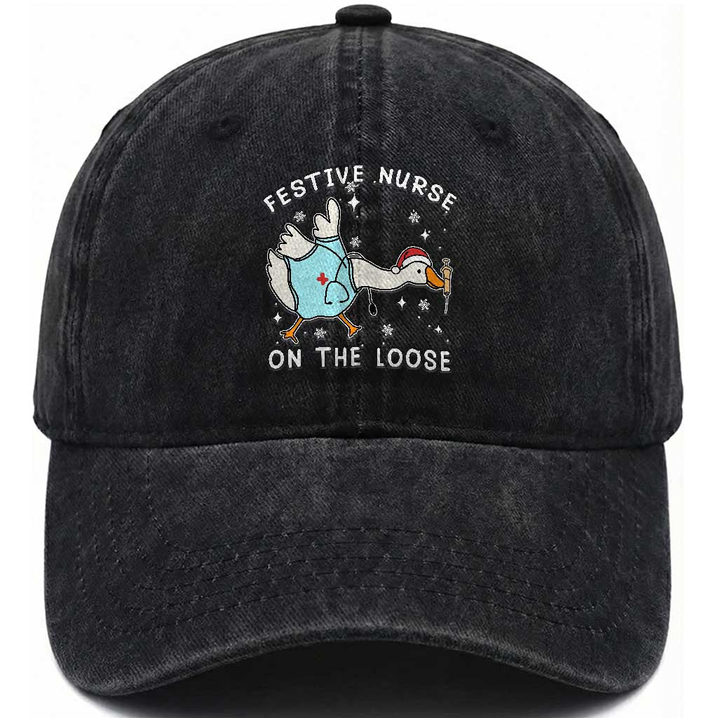 Funny ER Nurse Goose Christmas Washed Cotton Baseball Cap Festive Nurses On The Loose