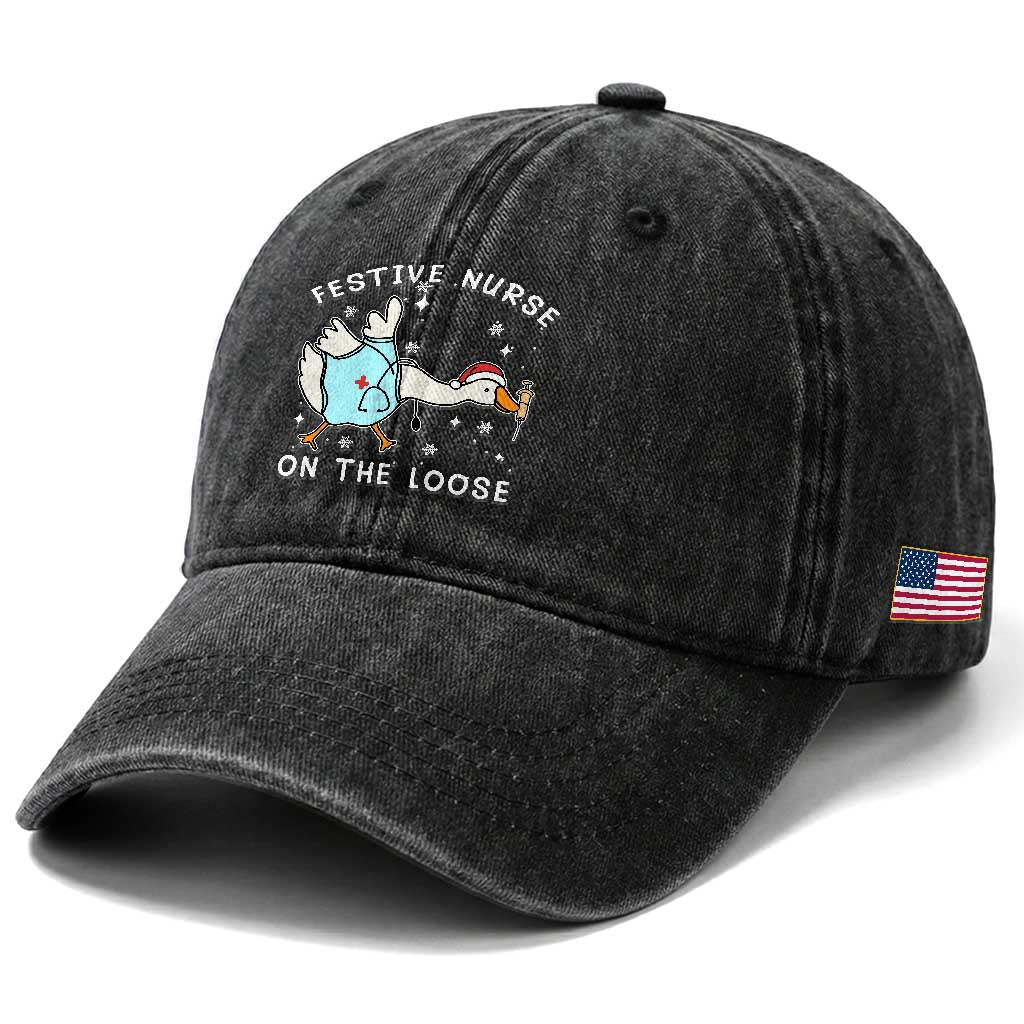 Funny ER Nurse Goose Christmas Washed Cotton Baseball Cap Festive Nurses On The Loose