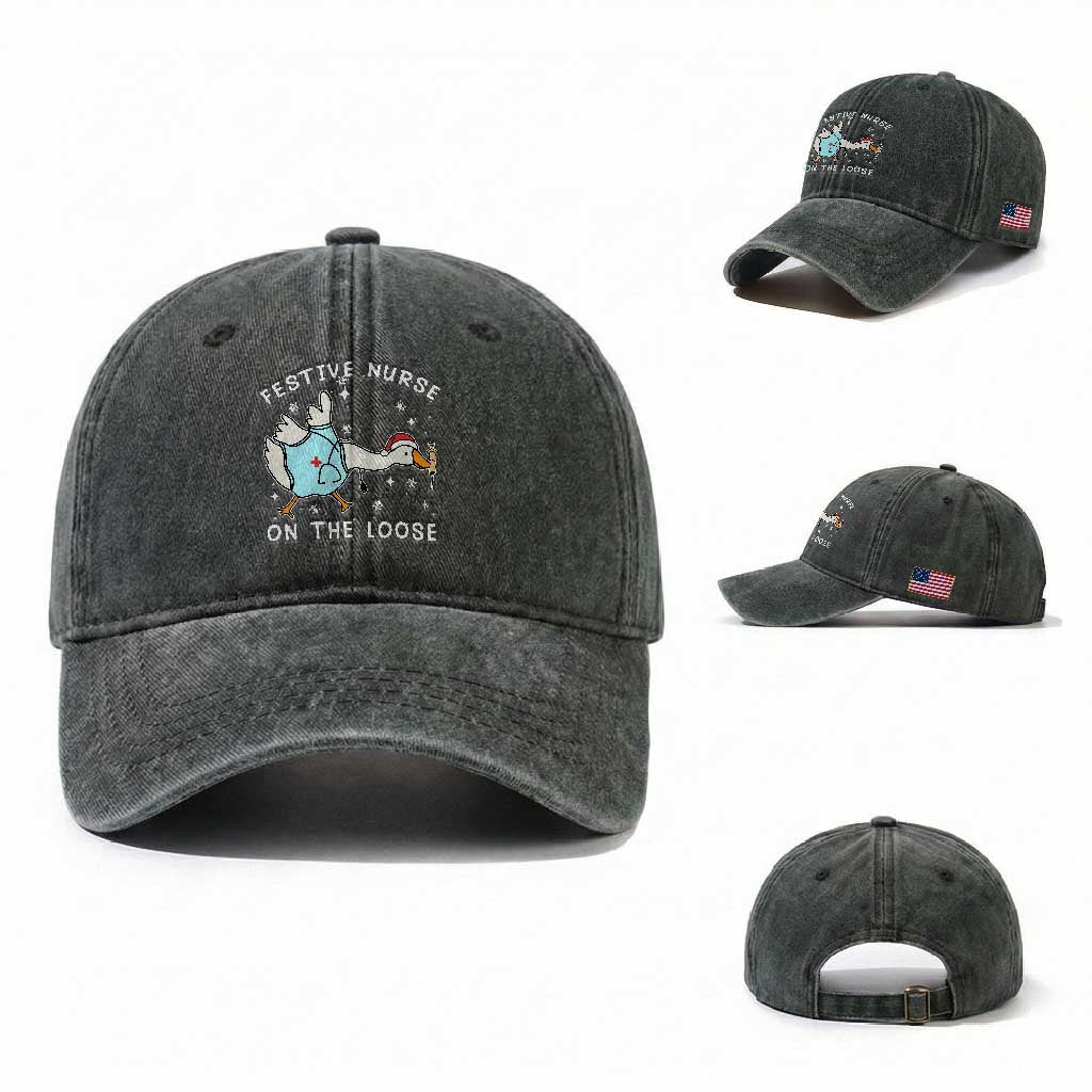 Funny ER Nurse Goose Christmas Washed Cotton Baseball Cap Festive Nurses On The Loose