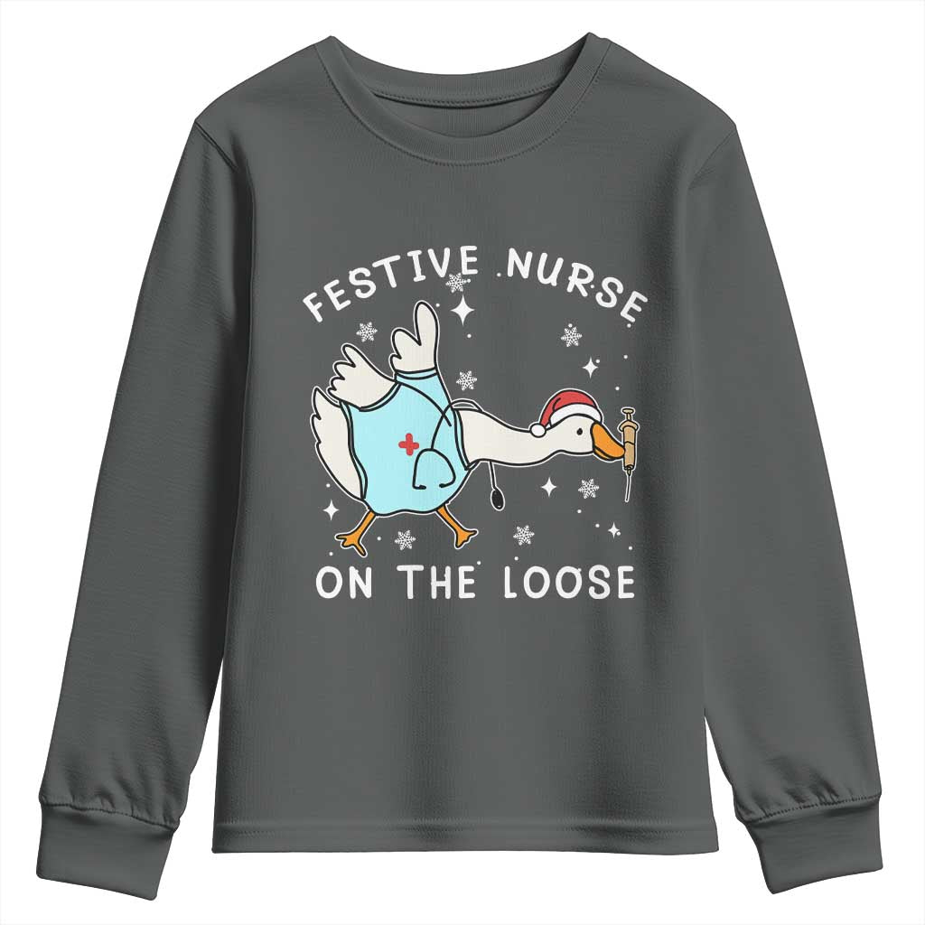 Funny ER Nurse Goose Christmas Youth Sweatshirt Festive Nurses On The Loose - Wonder Print Shop
