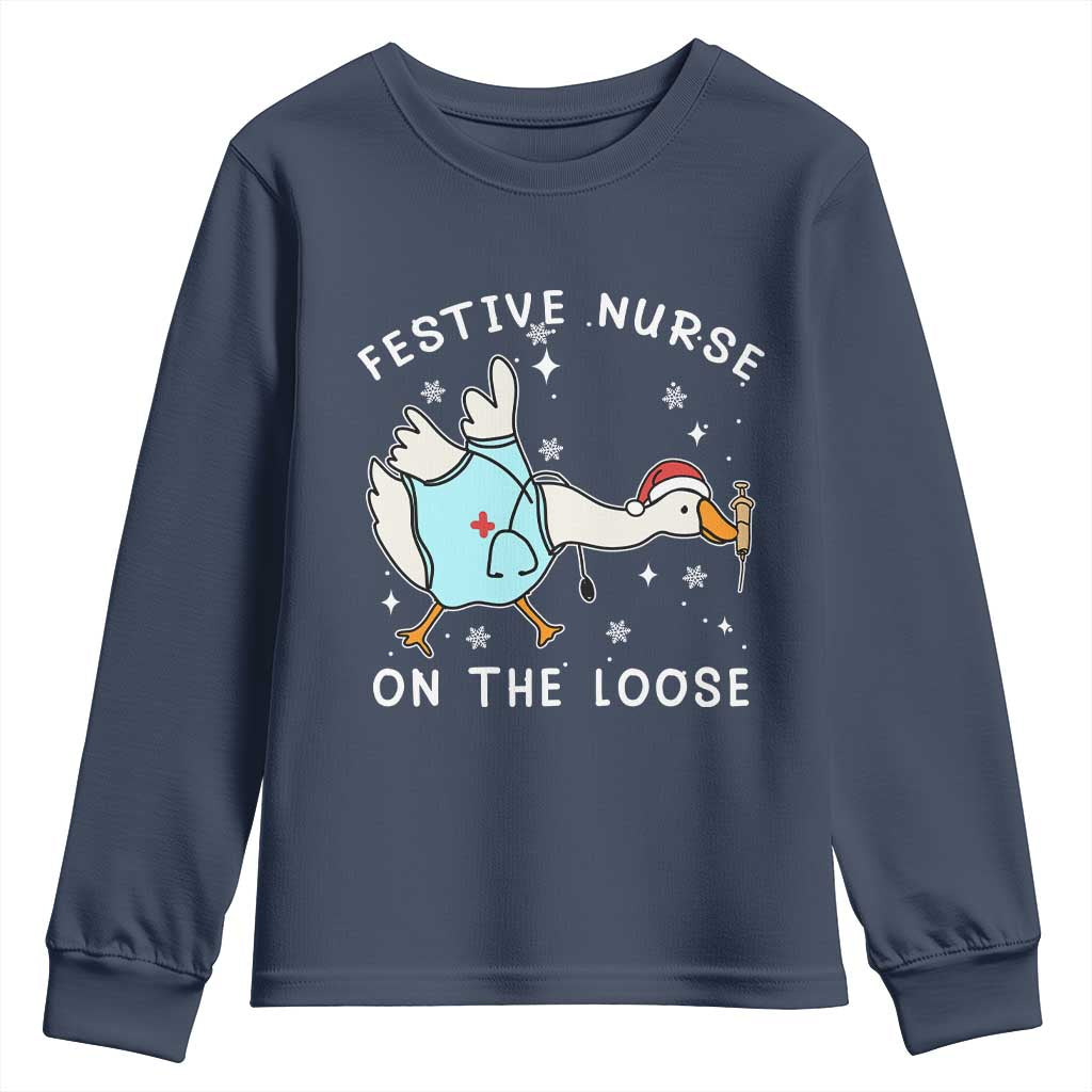Funny ER Nurse Goose Christmas Youth Sweatshirt Festive Nurses On The Loose - Wonder Print Shop