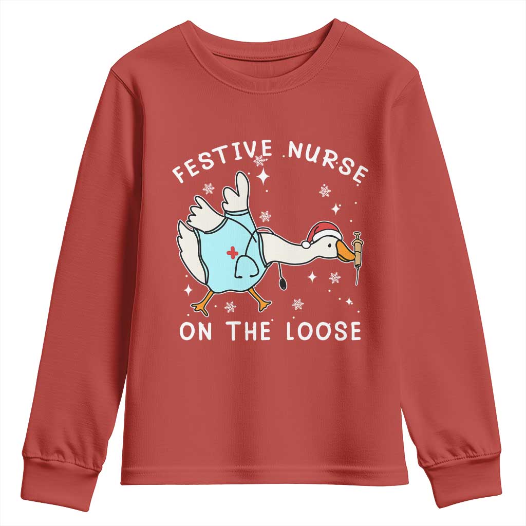 Funny ER Nurse Goose Christmas Youth Sweatshirt Festive Nurses On The Loose - Wonder Print Shop