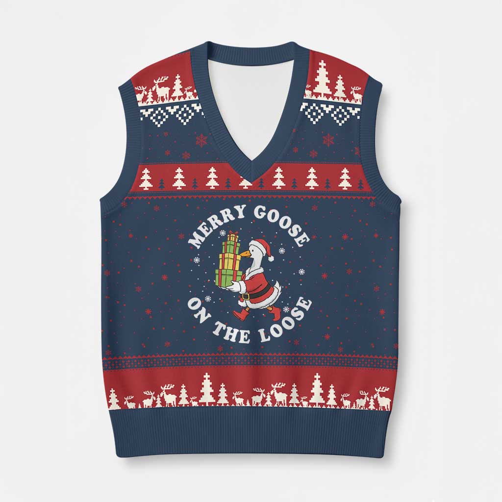 Festive Goose on The Loose V-Neck Knit Sweater Vest Funny Goose Xmas Meme - Wonder Print Shop