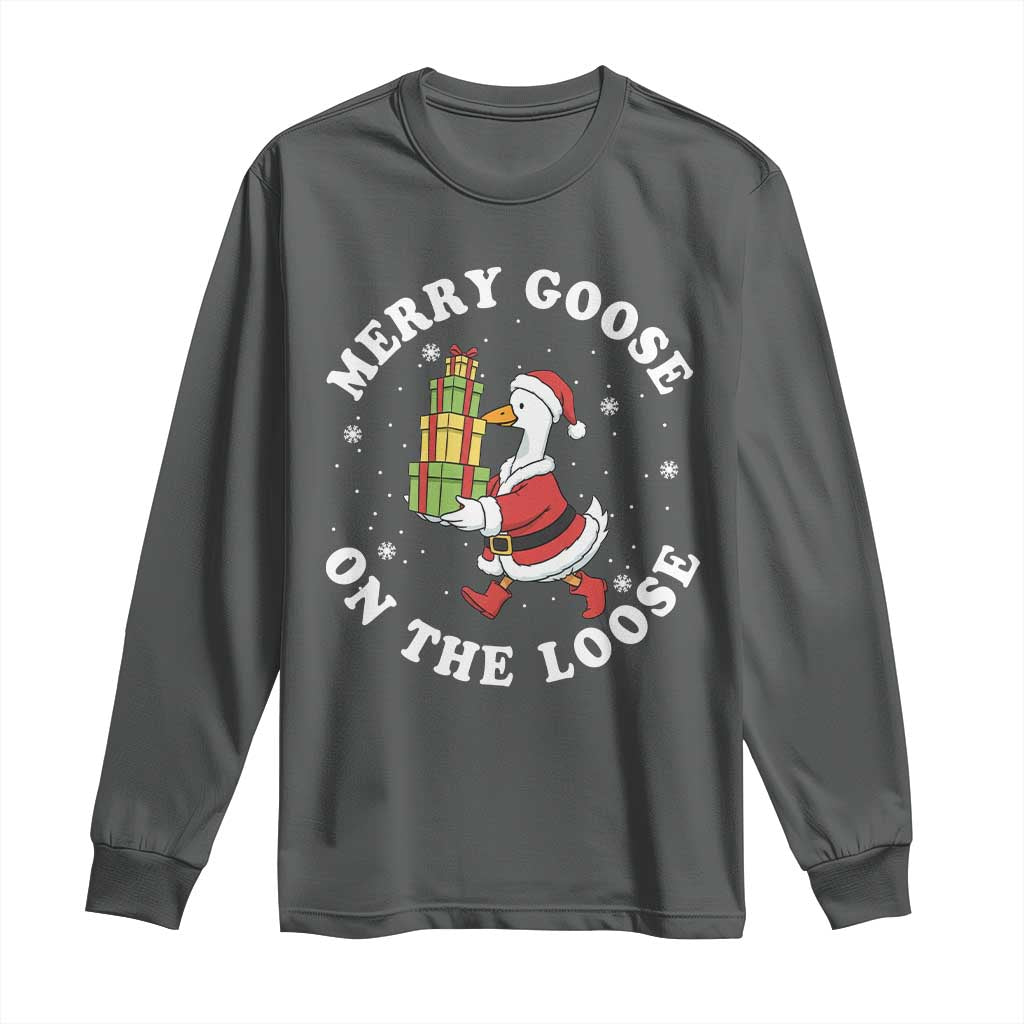 Festive Goose on The Loose Long Sleeve Shirt Funny Goose Christmas Meme - Wonder Print Shop