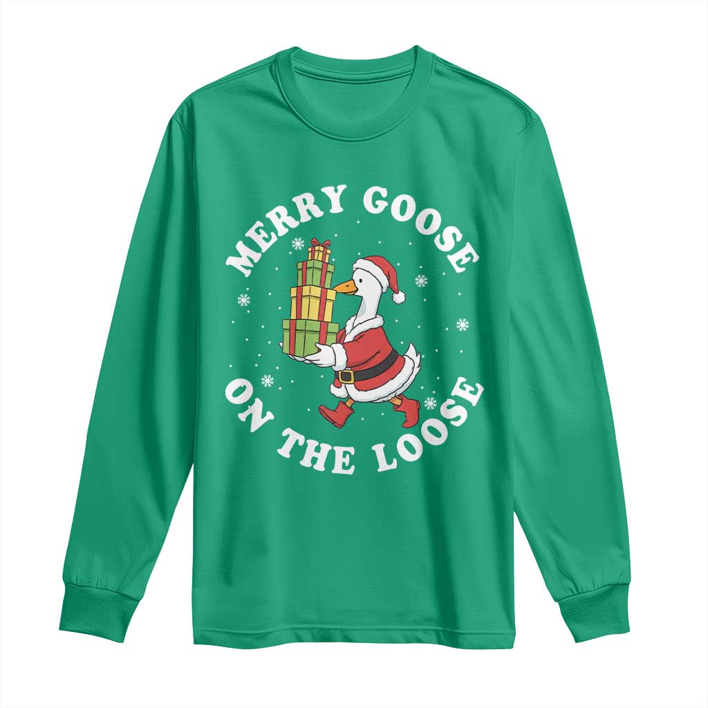 Festive Goose on The Loose Long Sleeve Shirt Funny Goose Christmas Meme - Wonder Print Shop
