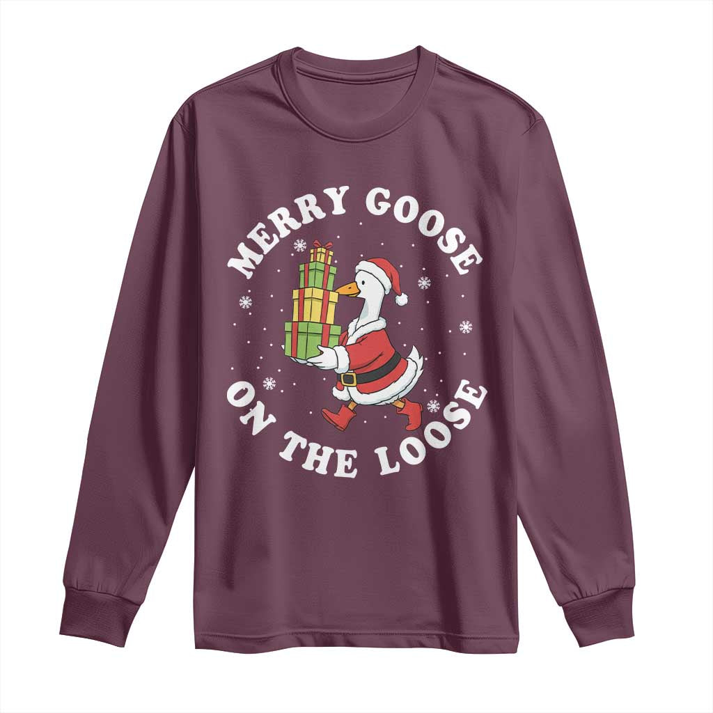 Festive Goose on The Loose Long Sleeve Shirt Funny Goose Christmas Meme - Wonder Print Shop