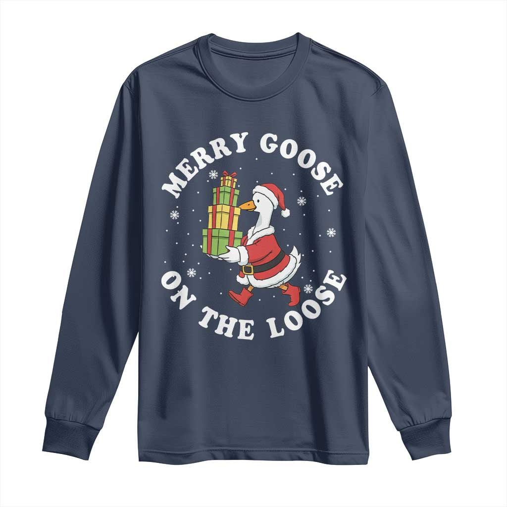Festive Goose on The Loose Long Sleeve Shirt Funny Goose Christmas Meme - Wonder Print Shop