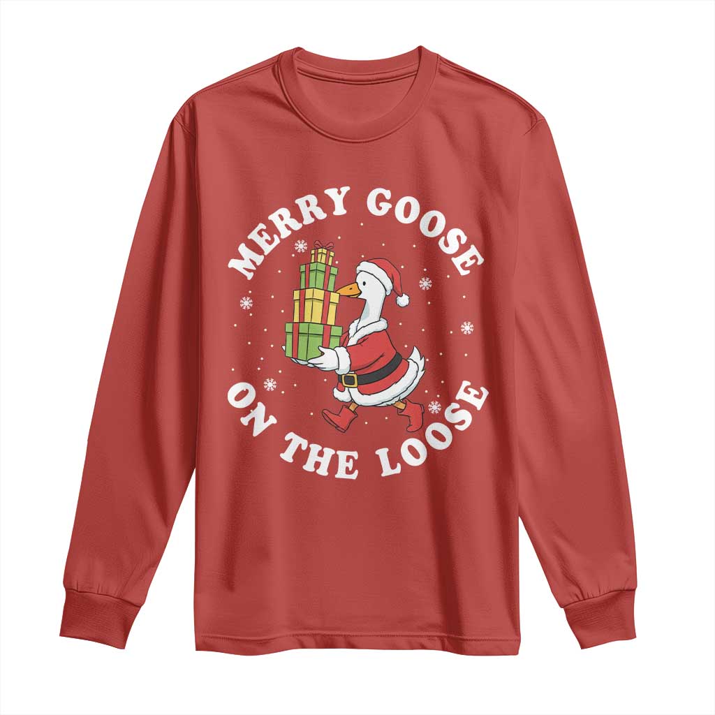 Festive Goose on The Loose Long Sleeve Shirt Funny Goose Christmas Meme - Wonder Print Shop