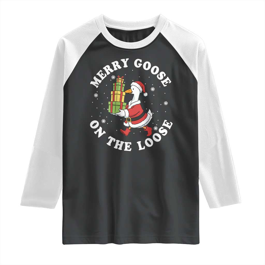Festive Goose on The Loose Raglan Shirt Funny Goose Christmas Meme - Wonder Print Shop