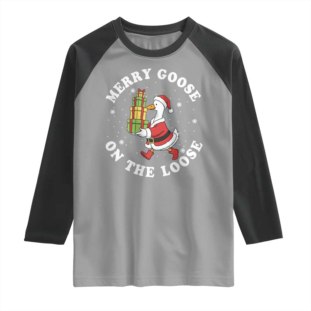 Festive Goose on The Loose Raglan Shirt Funny Goose Christmas Meme - Wonder Print Shop