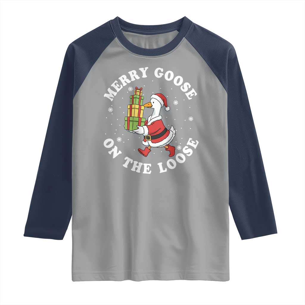 Festive Goose on The Loose Raglan Shirt Funny Goose Christmas Meme - Wonder Print Shop
