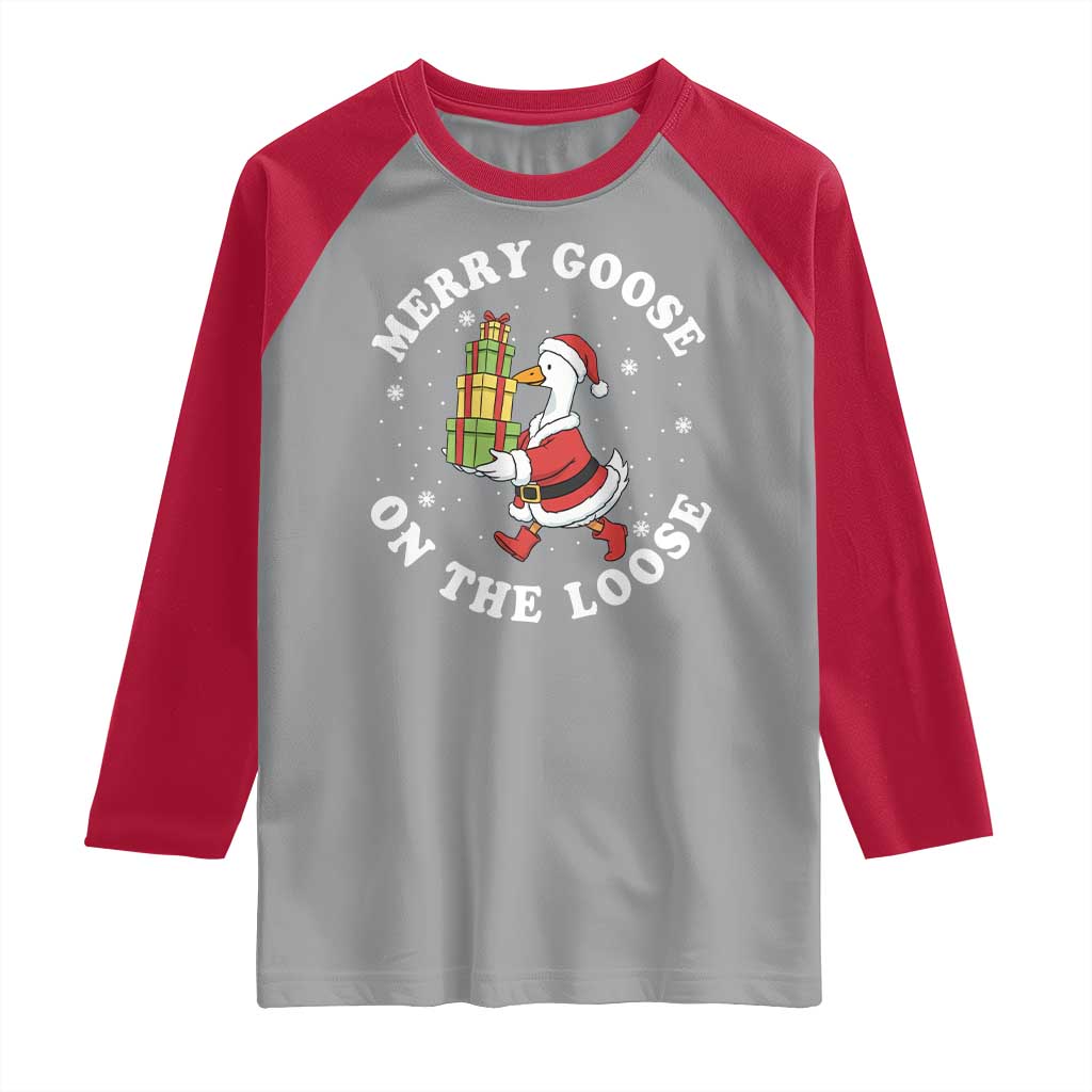 Festive Goose on The Loose Raglan Shirt Funny Goose Christmas Meme - Wonder Print Shop
