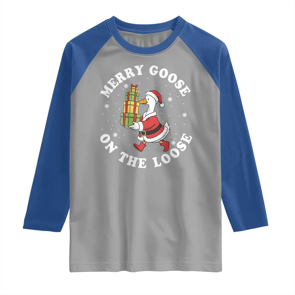 Festive Goose on The Loose Raglan Shirt Funny Goose Christmas Meme - Wonder Print Shop