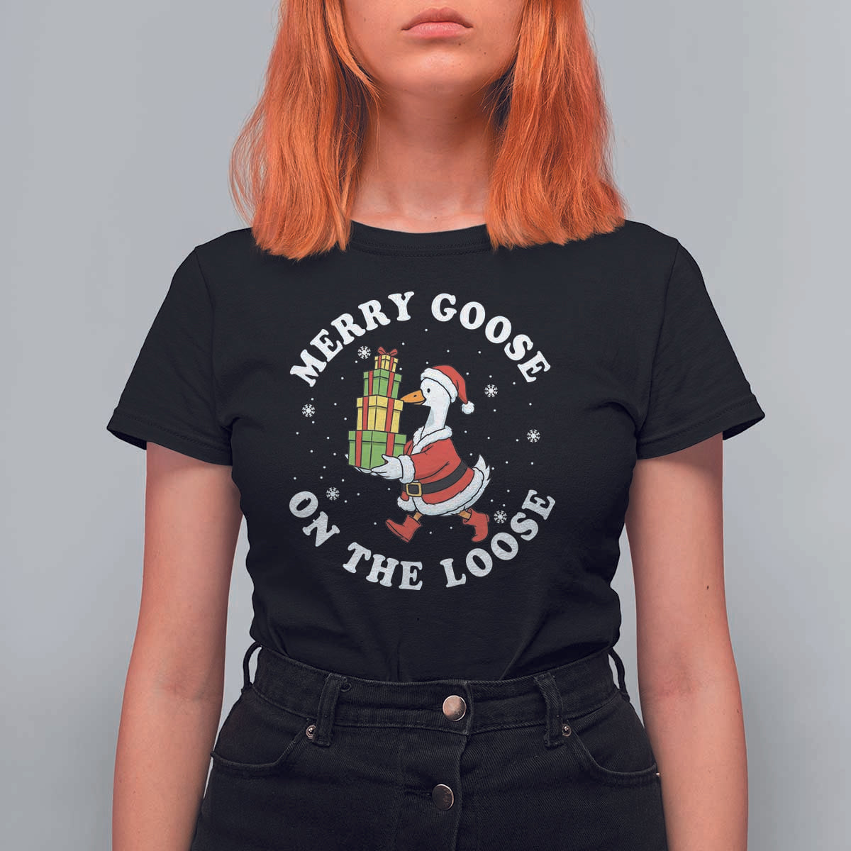 Festive Goose on The Loose T Shirt For Women Funny Goose Christmas Meme - Wonder Print Shop