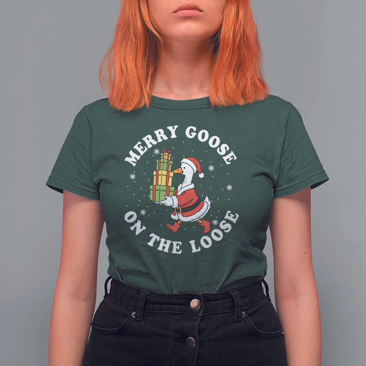 Festive Goose on The Loose T Shirt For Women Funny Goose Christmas Meme - Wonder Print Shop