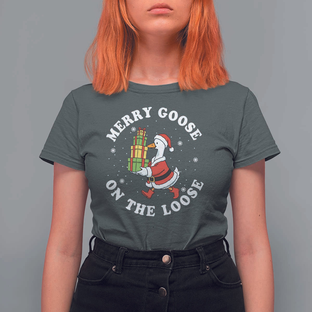 Festive Goose on The Loose T Shirt For Women Funny Goose Christmas Meme - Wonder Print Shop