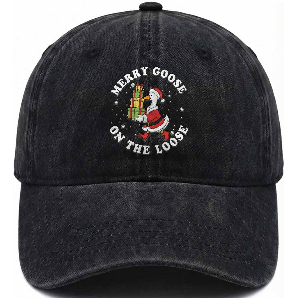 Festive Goose on The Loose Washed Cotton Baseball Cap Funny Goose Christmas Meme