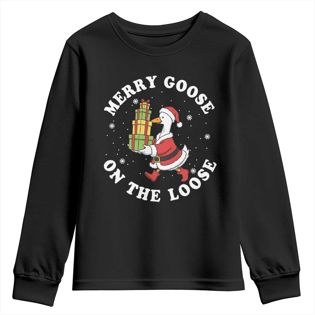 Festive Goose on The Loose Youth Sweatshirt Funny Goose Christmas Meme - Wonder Print Shop