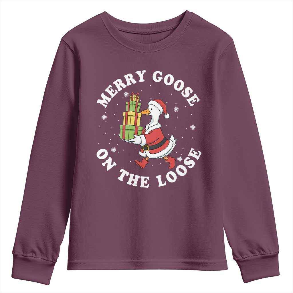 Festive Goose on The Loose Youth Sweatshirt Funny Goose Christmas Meme - Wonder Print Shop