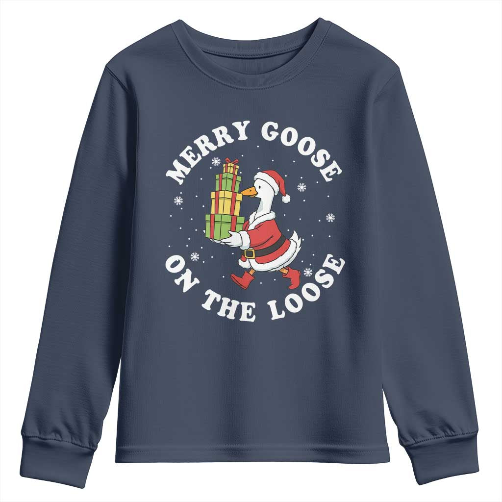 Festive Goose on The Loose Youth Sweatshirt Funny Goose Christmas Meme - Wonder Print Shop