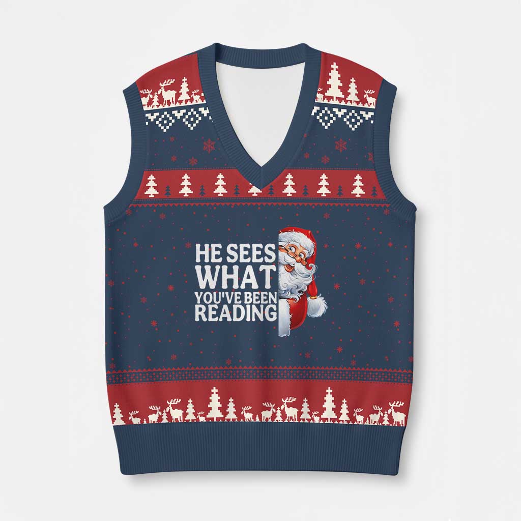 He Sees What You Have Been Reading V-Neck Knit Sweater Vest Funny Bookish Xmas Book Lover - Wonder Print Shop