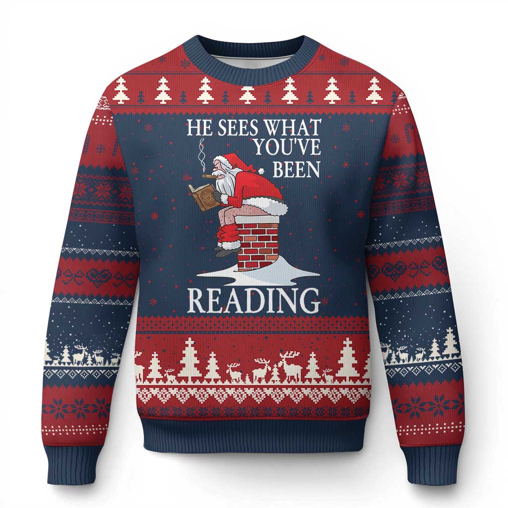 Funny Bookish Xmas Ugly Christmas Sweater He Sees What You Have Been Reading - Wonder Print Shop