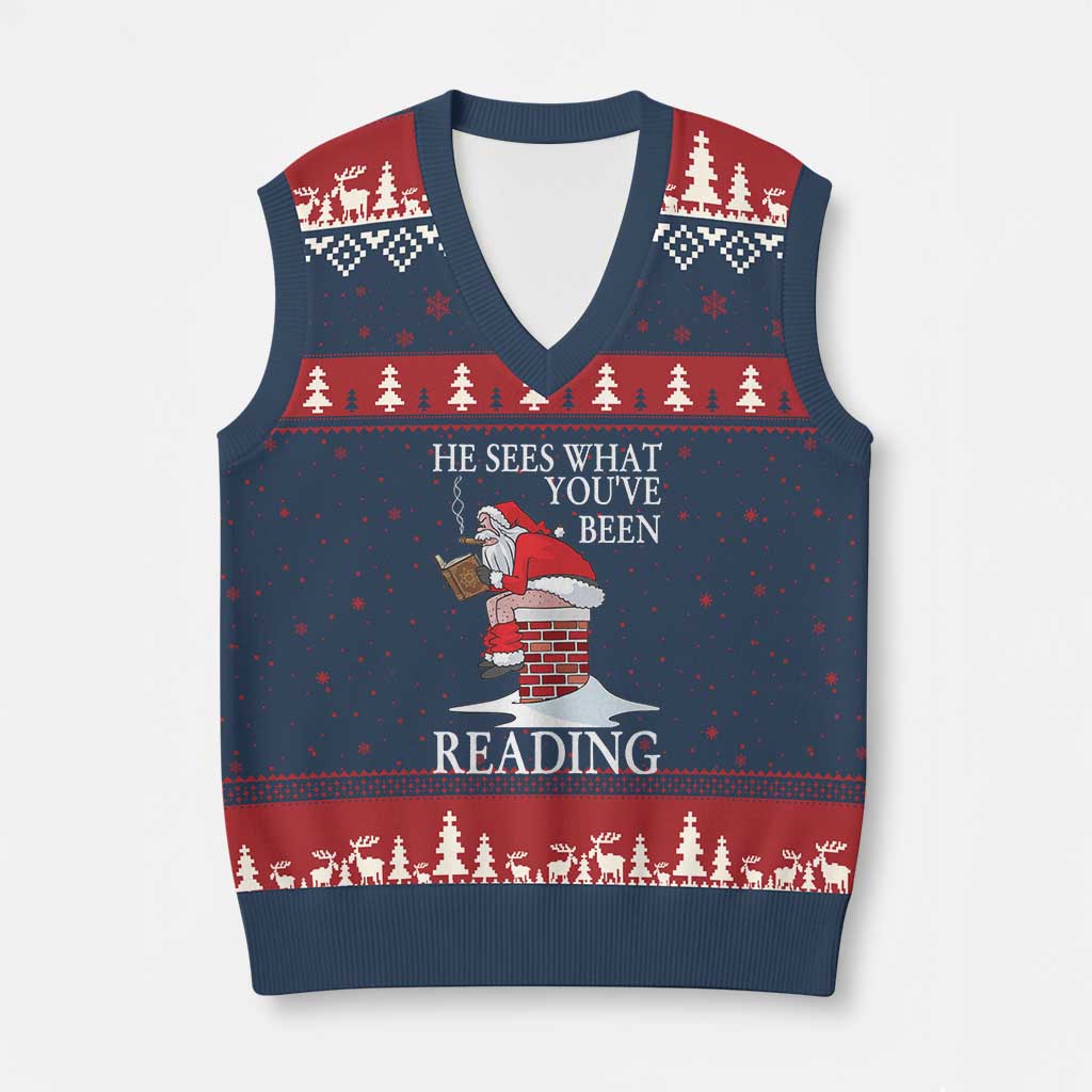 Funny Bookish Xmas V-Neck Knit Sweater Vest He Sees What You Have Been Reading - Wonder Print Shop