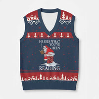 Funny Bookish Xmas V-Neck Knit Sweater Vest He Sees What You Have Been Reading - Wonder Print Shop