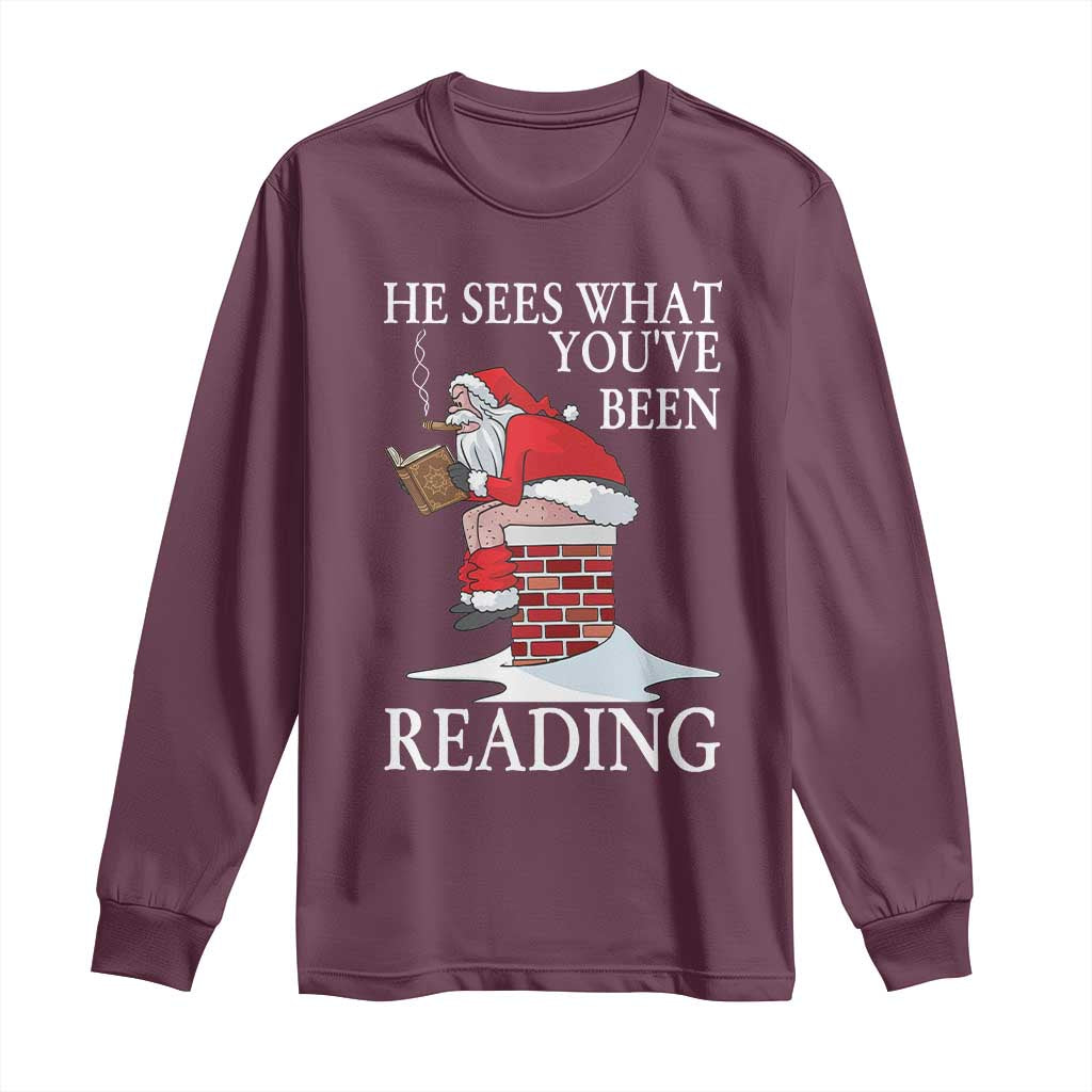 Funny Bookish Christmas Long Sleeve Shirt He Sees What You Have Been Reading - Wonder Print Shop