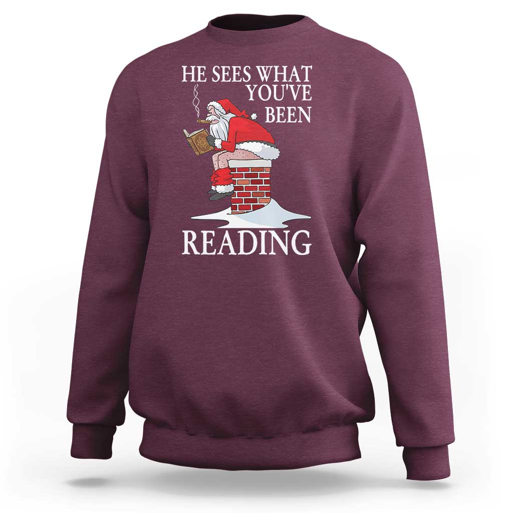 Funny Bookish Christmas Sweatshirt He Sees What You Have Been Reading - Wonder Print Shop