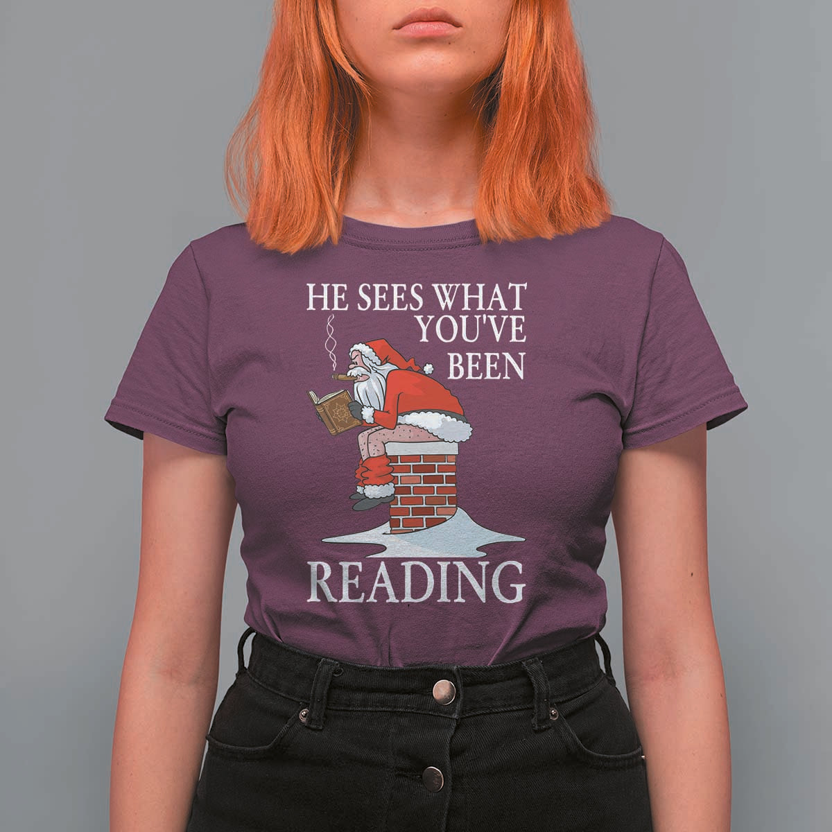 Funny Bookish Christmas T Shirt For Women He Sees What You Have Been Reading - Wonder Print Shop