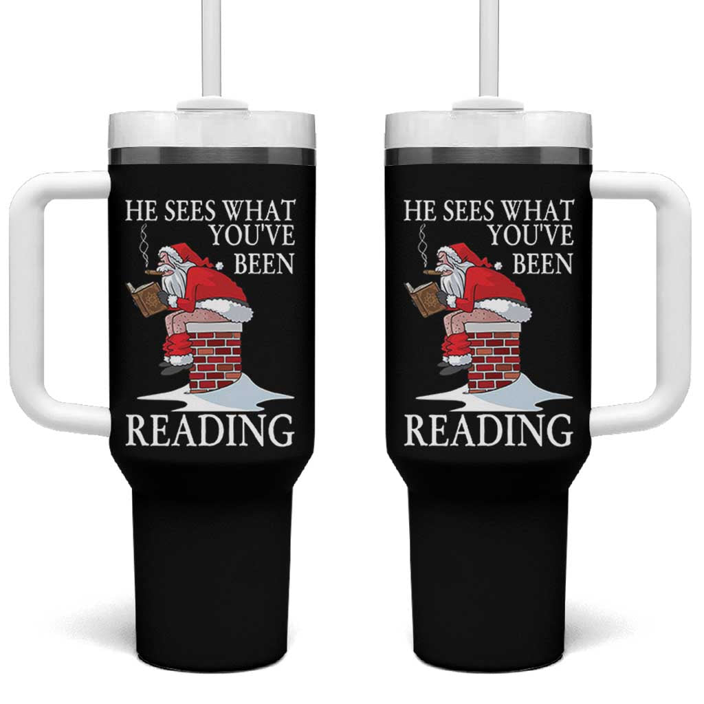 Funny Bookish Christmas Tumbler With Handle He Sees What You Have Been Reading - Wonder Print Shop