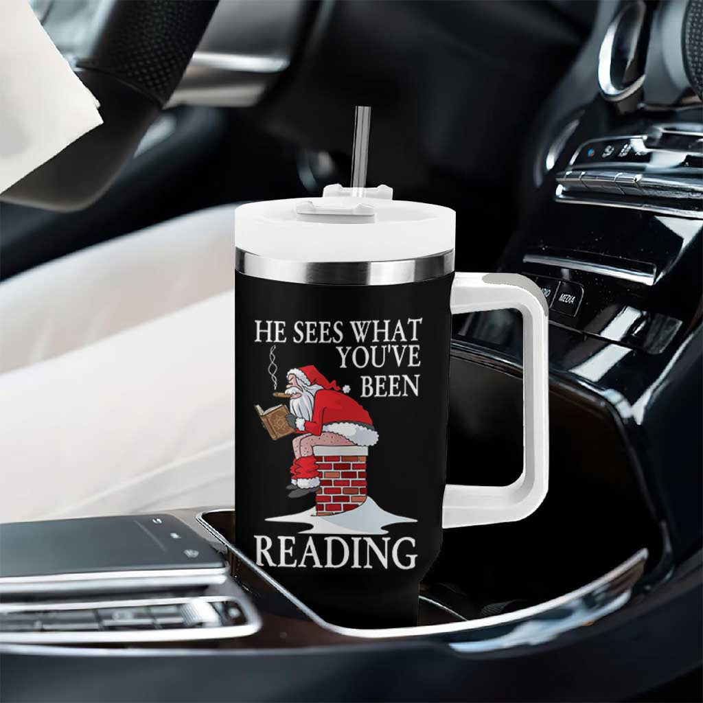 Funny Bookish Christmas Tumbler With Handle He Sees What You Have Been Reading - Wonder Print Shop