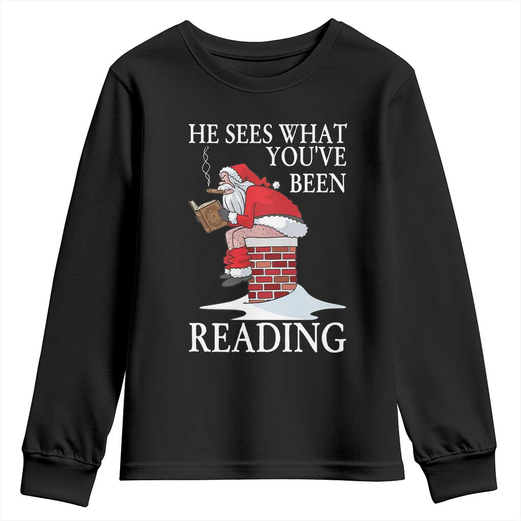Funny Bookish Christmas Youth Sweatshirt He Sees What You Have Been Reading - Wonder Print Shop