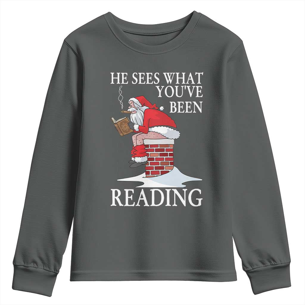 Funny Bookish Christmas Youth Sweatshirt He Sees What You Have Been Reading - Wonder Print Shop