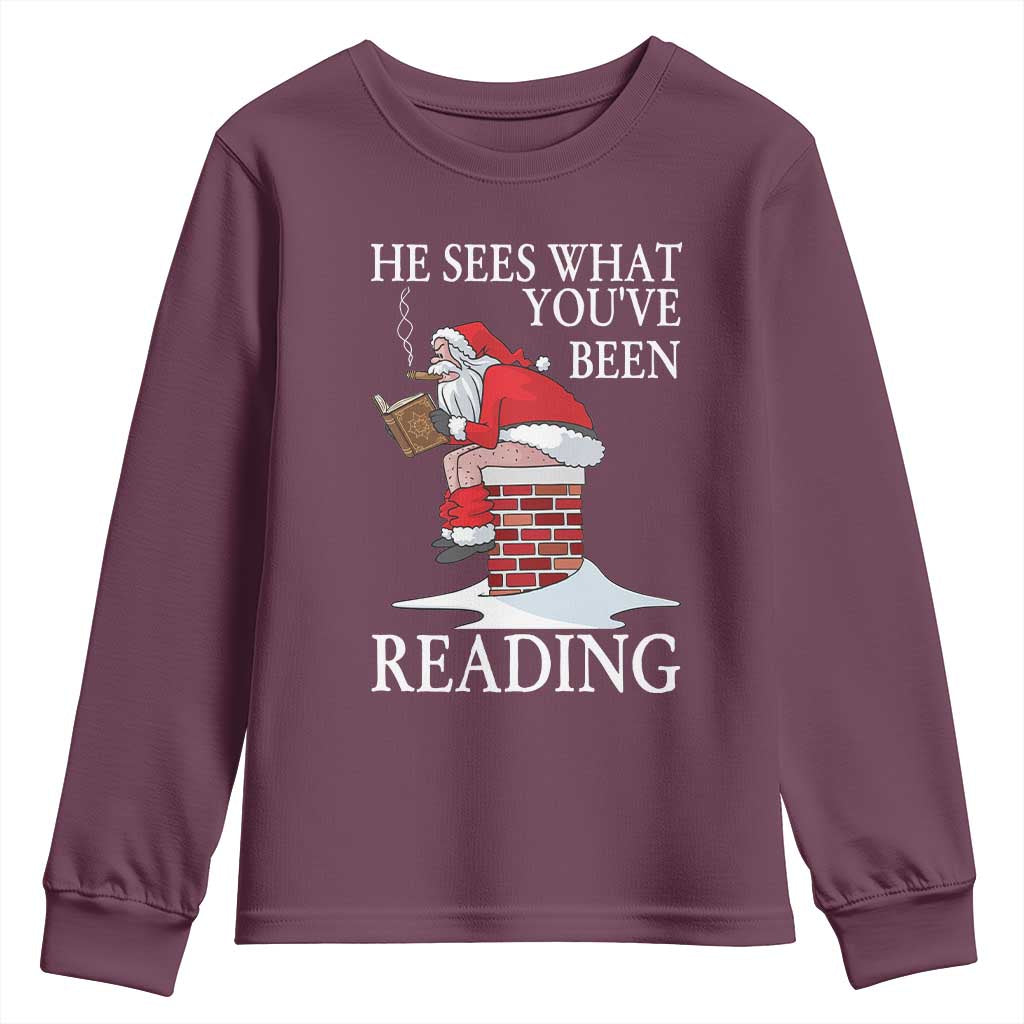 Funny Bookish Christmas Youth Sweatshirt He Sees What You Have Been Reading - Wonder Print Shop
