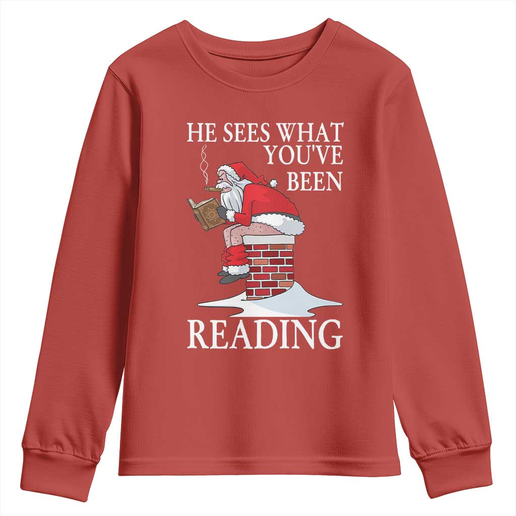 Funny Bookish Christmas Youth Sweatshirt He Sees What You Have Been Reading - Wonder Print Shop