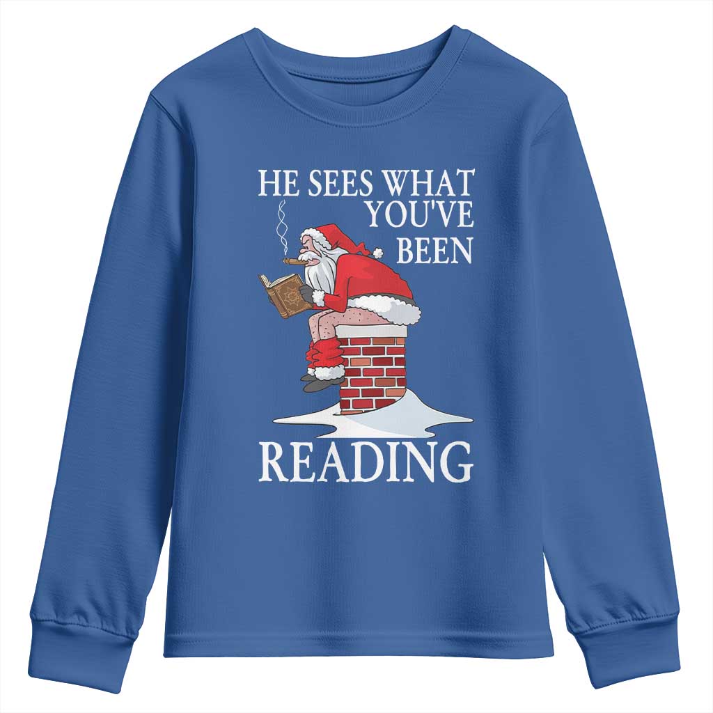 Funny Bookish Christmas Youth Sweatshirt He Sees What You Have Been Reading - Wonder Print Shop