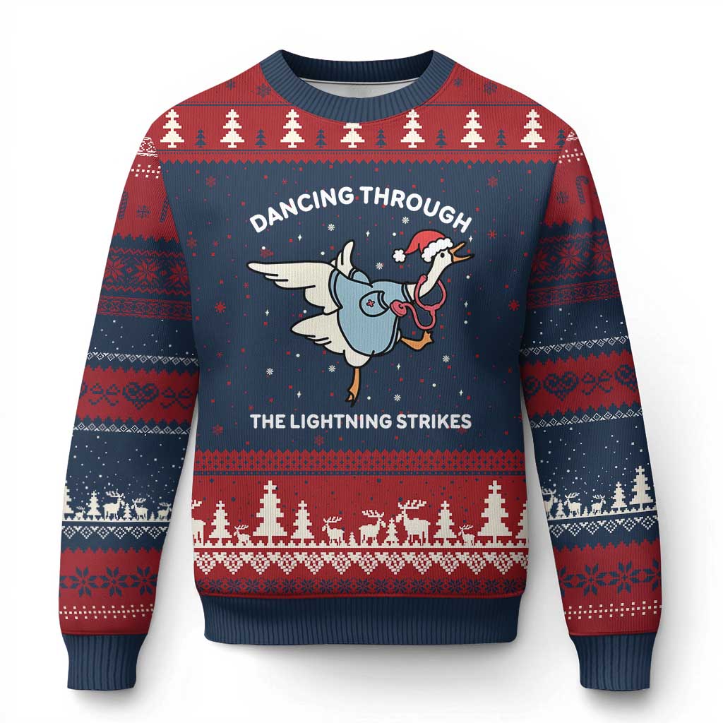 Xmas Goose Nurse Ugly Christmas Sweater Dancing Through The Lightning Strikes - Wonder Print Shop