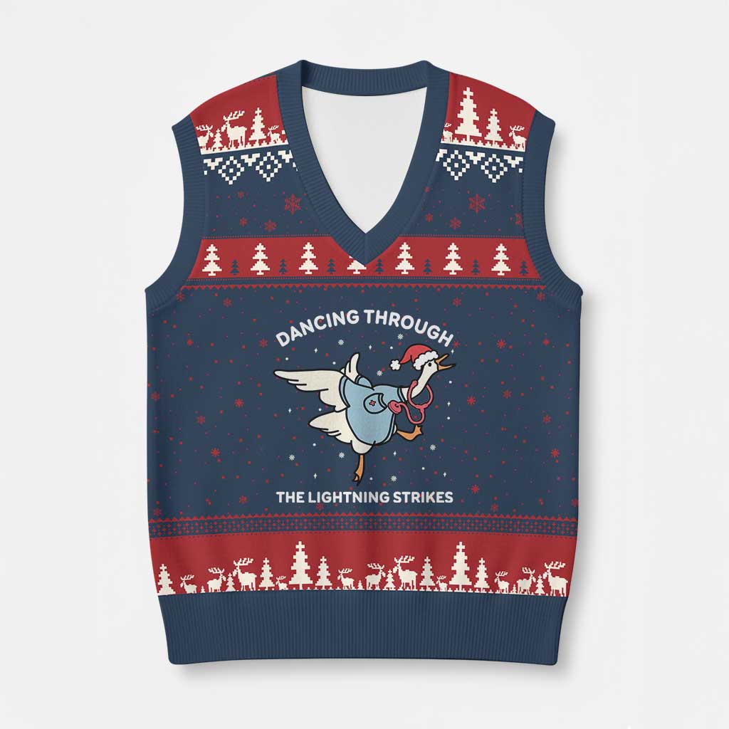 Xmas Goose Nurse V-Neck Knit Sweater Vest Dancing Through The Lightning Strikes - Wonder Print Shop