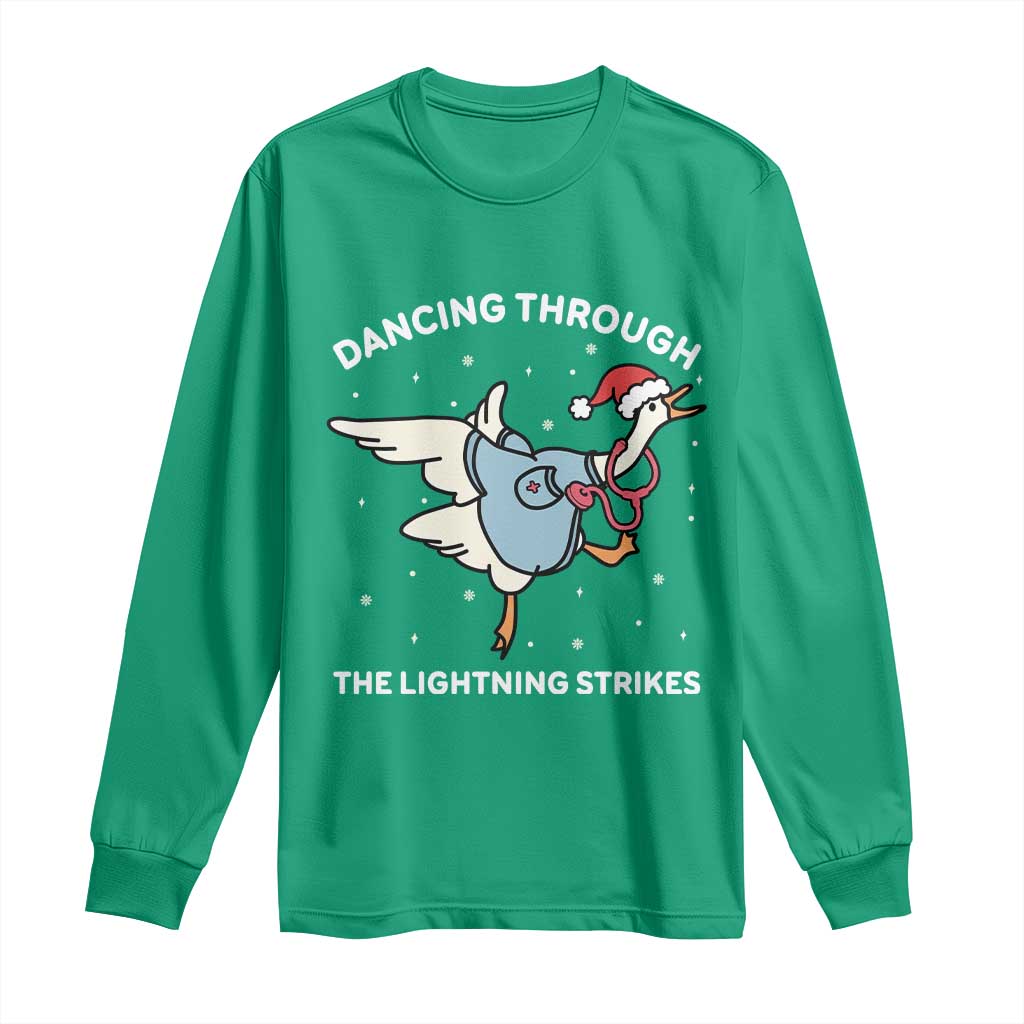 Christmas Goose Nurse Long Sleeve Shirt Dancing Through The Lightning Strikes - Wonder Print Shop