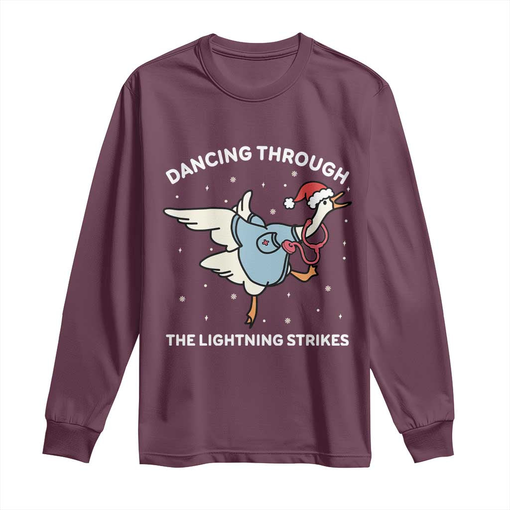 Christmas Goose Nurse Long Sleeve Shirt Dancing Through The Lightning Strikes - Wonder Print Shop